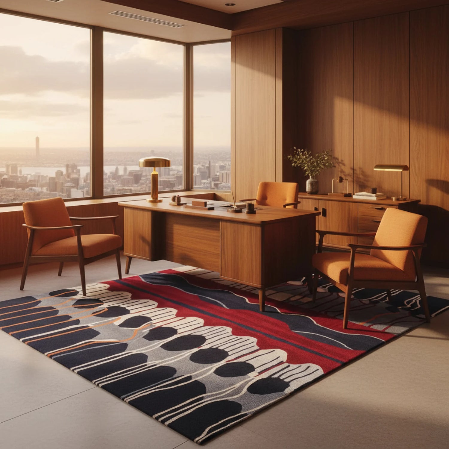Modern office with wooden furniture and a patterned rug
