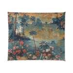 King comforter with a vintage scenic print of a white elephant, palms, and tropical blooms by a misty river