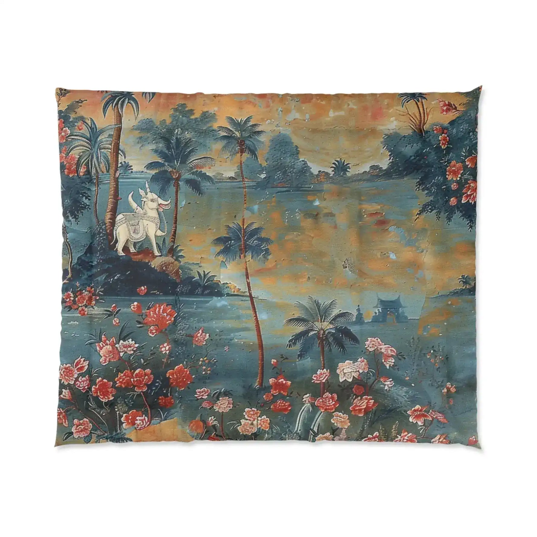 King comforter with a vintage scenic print of a white elephant, palms, and tropical blooms by a misty river