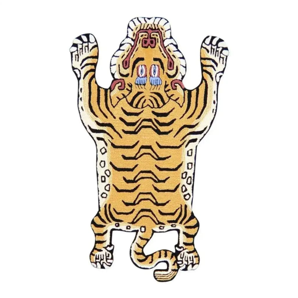 A unique hand-tufted wool area rug designed as an abstract tiger, perfect for adding a bold statement to your living room or dining room decor.