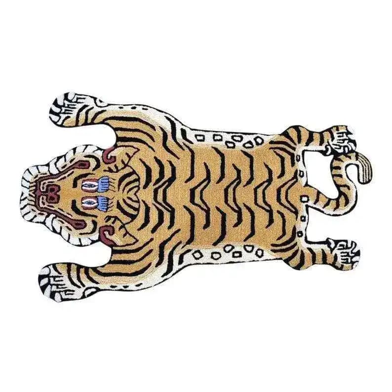 Top view of a King of the Cats hand-tufted wool area rug, featuring an abstract tiger design. This unique area rug is ideal for adding a bold statement to your dining room or living room, perfect for those seeking standout living room and dining room rugs.