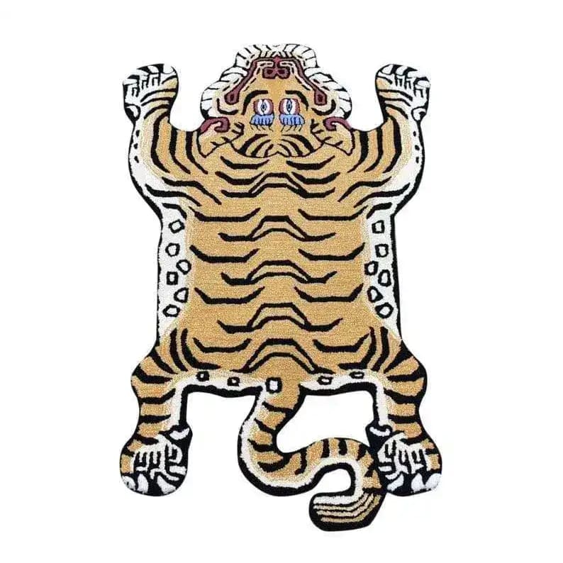 A unique King of the Cats hand-tufted wool rug in the shape of an abstract tiger, perfect for adding a bold statement to your dining room or living room. This area rug features intricate tiger patterns in warm tones, ideal for those seeking distinctive area rugs for living room and dining room spaces.