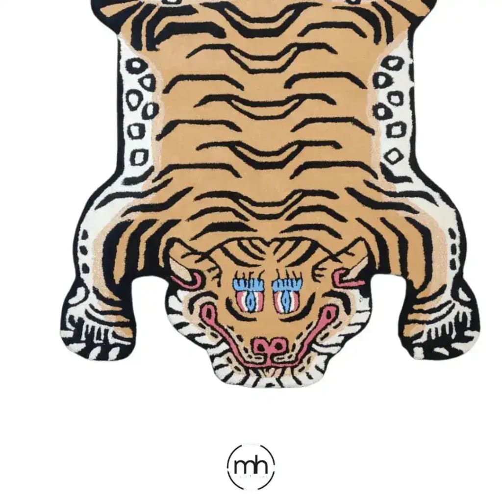 Stylish King of the Cats hand-tufted wool rug depicting an abstract tiger design, perfect for adding a bold statement to your living room or dining room decor. This area rug features intricate patterns and vibrant colors, ideal for those seeking unique area rugs for living room or dining room settings.