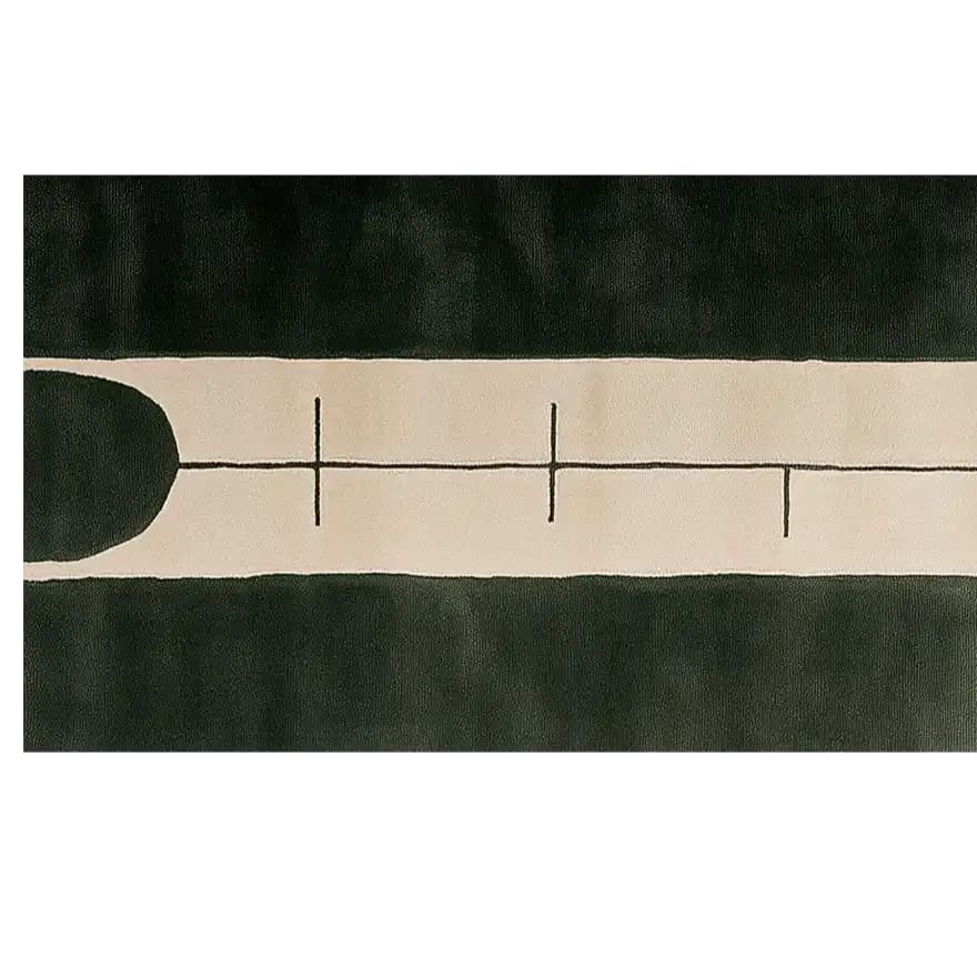 Contemporary hand-tufted wool runner rug with a minimalist design featuring a black and beige abstract pattern, perfect for kitchens, hallways, or bathrooms. The rug's modern aesthetic makes it an ideal choice for a stylish kitchen runner rug or hallway runner rug.