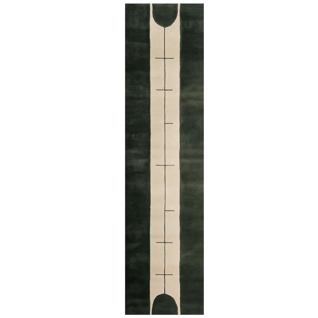 Top view of the Knot Dream Hand Tufted Wool Runner Rug, featuring a contemporary design with a sleek black and cream pattern, ideal for kitchens, hallways, or bathrooms. This wool rug combines elegance with durability, making it a perfect choice for modern decor.