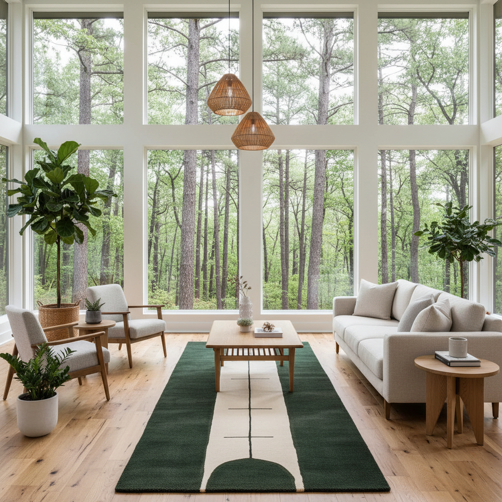 Modern living room with large windows overlooking a forest, featuring a sofa, chairs, green rug, coffee table, and decorative elements.