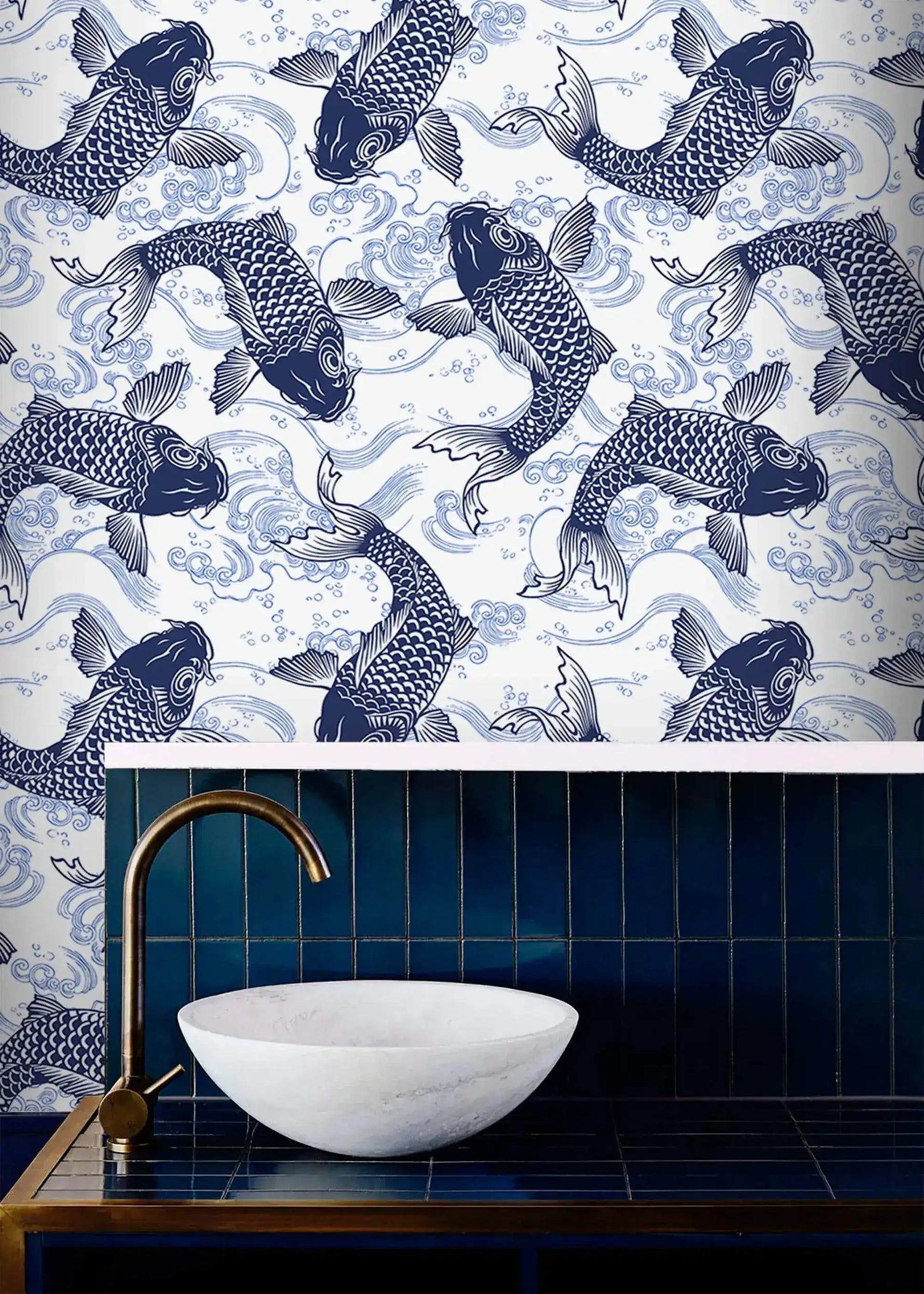 Koi Pond Serenity indigo koi wallpaper above navy tiles with a marble vessel basin and brass tap