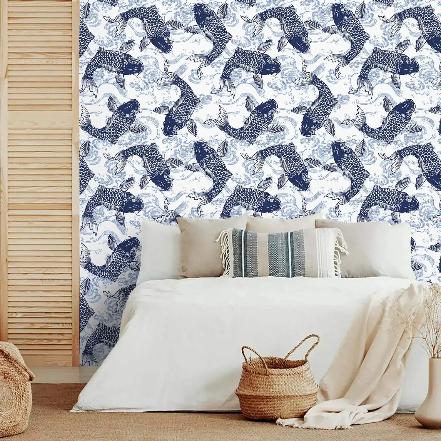 Koi Pond Serenity wallpaper of navy koi and waves behind a white bed with striped pillow and basket