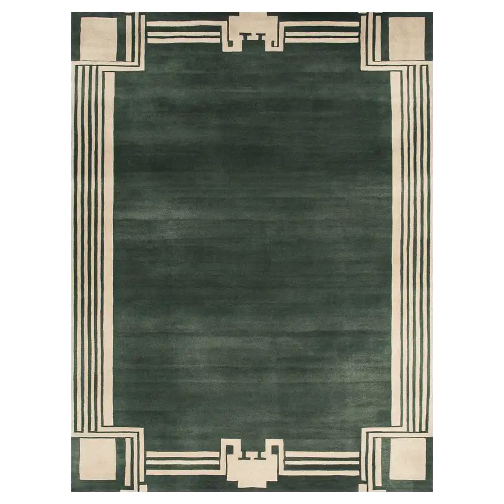 Elegant Labyrinth Ascent Hand Tufted Wool Rug featuring a geometric border design in shades of green and cream. This contemporary area rug is crafted from high-quality wool, making it a perfect addition to any living room looking for a modern touch.
