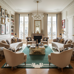 Luxurious living room with beige sofas, green classic wool rug, armchairs, and a coffee table.