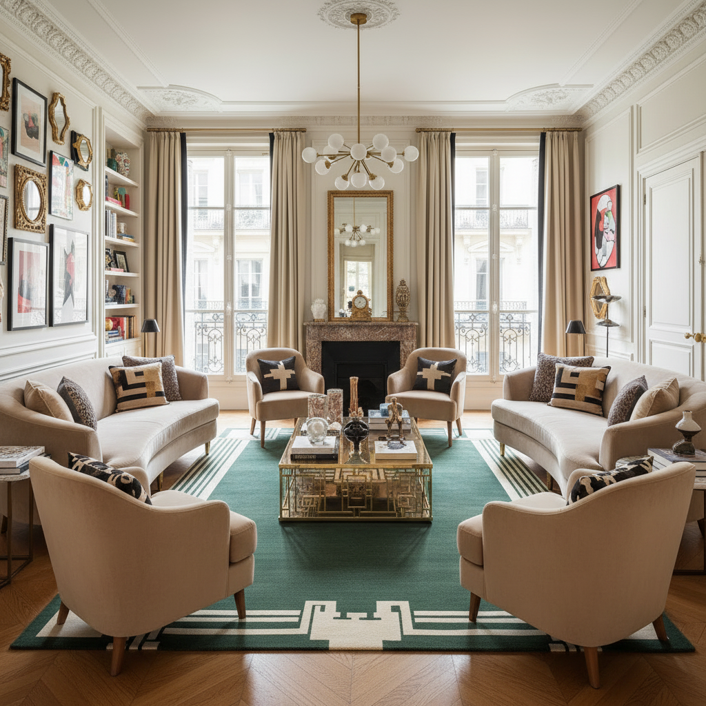 Luxurious living room with beige sofas, green classic wool rug, armchairs, and a coffee table.