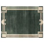 Top view of a contemporary wool area rug with a deep green field and intricate geometric border design. This elegant living room area rug offers a modern aesthetic with its hand-tufted wool construction, perfect for adding sophistication to any space.