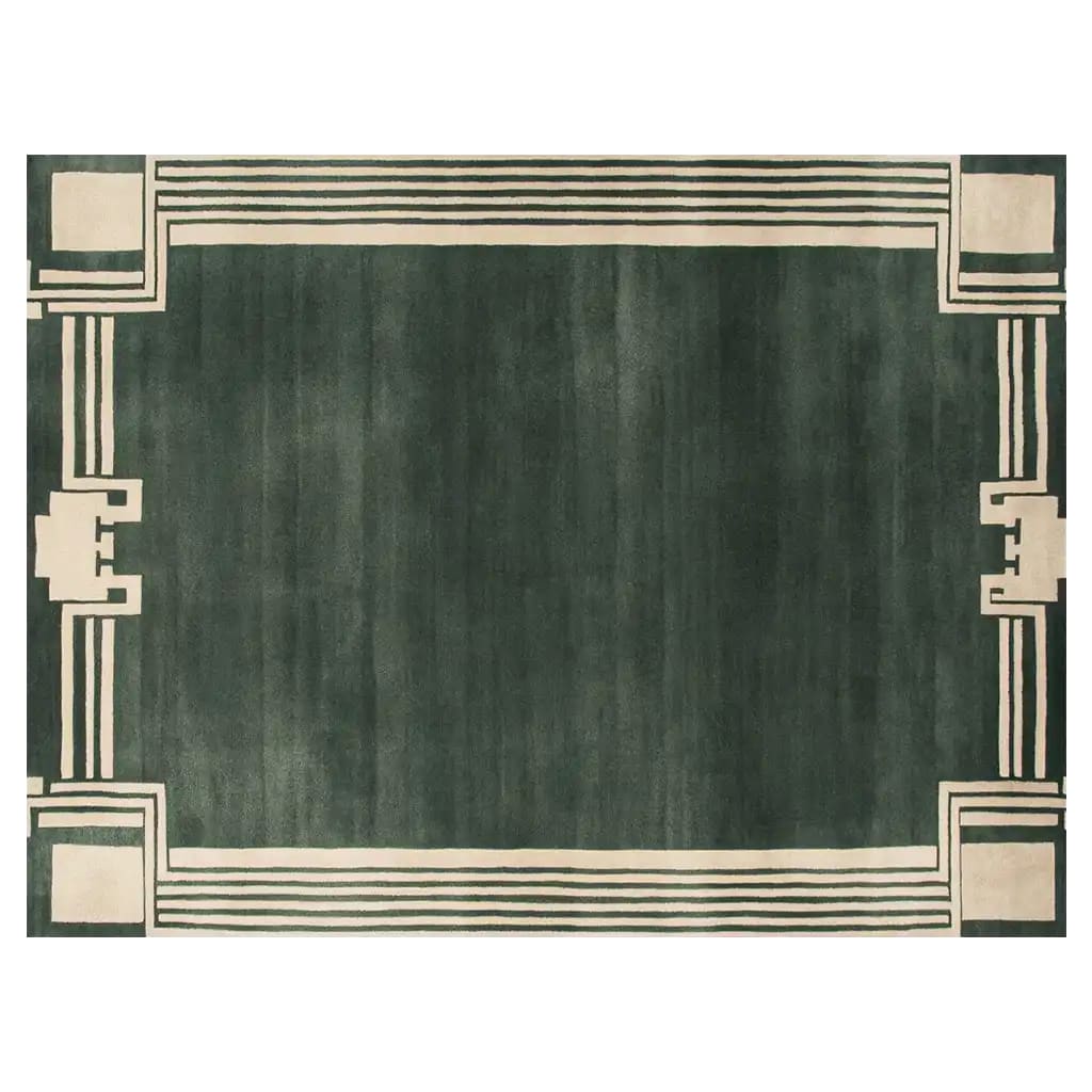 Top view of a contemporary wool area rug with a deep green field and intricate geometric border design. This elegant living room area rug offers a modern aesthetic with its hand-tufted wool construction, perfect for adding sophistication to any space.