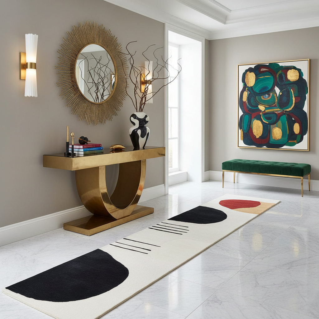 Modern interior design with a gold console table, abstract painting, and decorative rug.