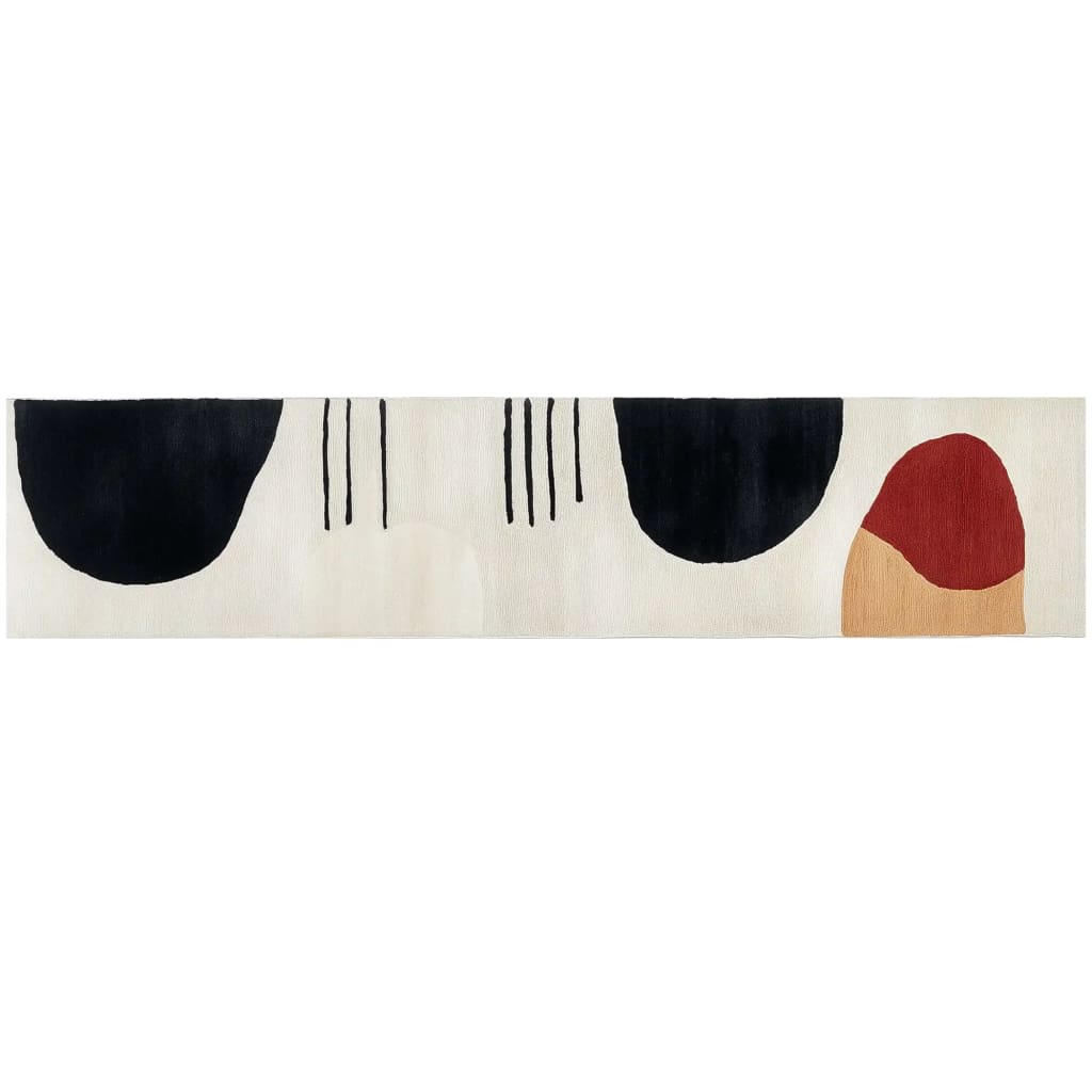 Top view of the Labyrinthine Echoes Hand Tufted Wool Rug, showcasing an abstract design with bold black and red shapes on a light background. Ideal for use as a runner rug in kitchens, hallways, or bathrooms, this contemporary wool rug adds a modern touch to any space.