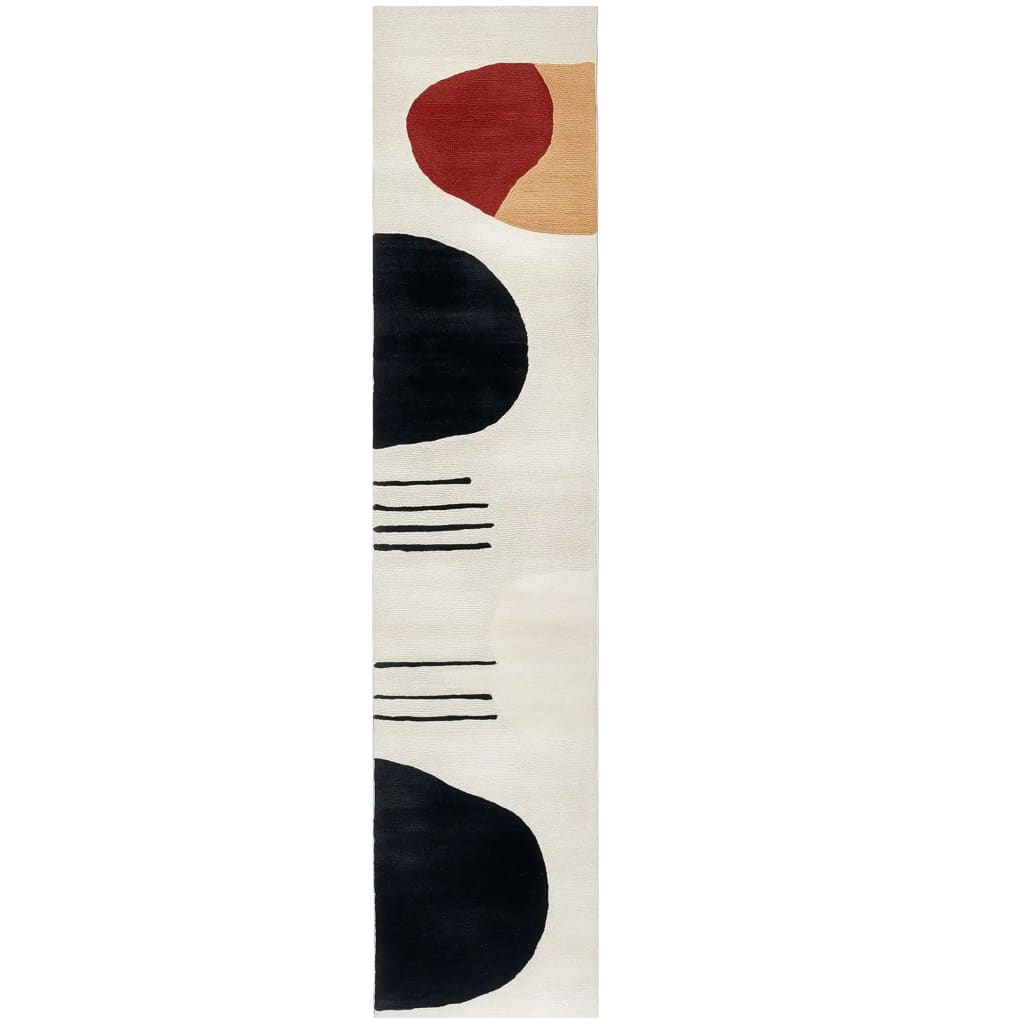 Stylish contemporary runner rug with abstract design featuring bold black and red shapes on a cream background, ideal for kitchens or hallways. This hand-tufted wool rug adds a modern touch to any space, making it a perfect choice for kitchen runner rugs or bathroom runner rugs.
