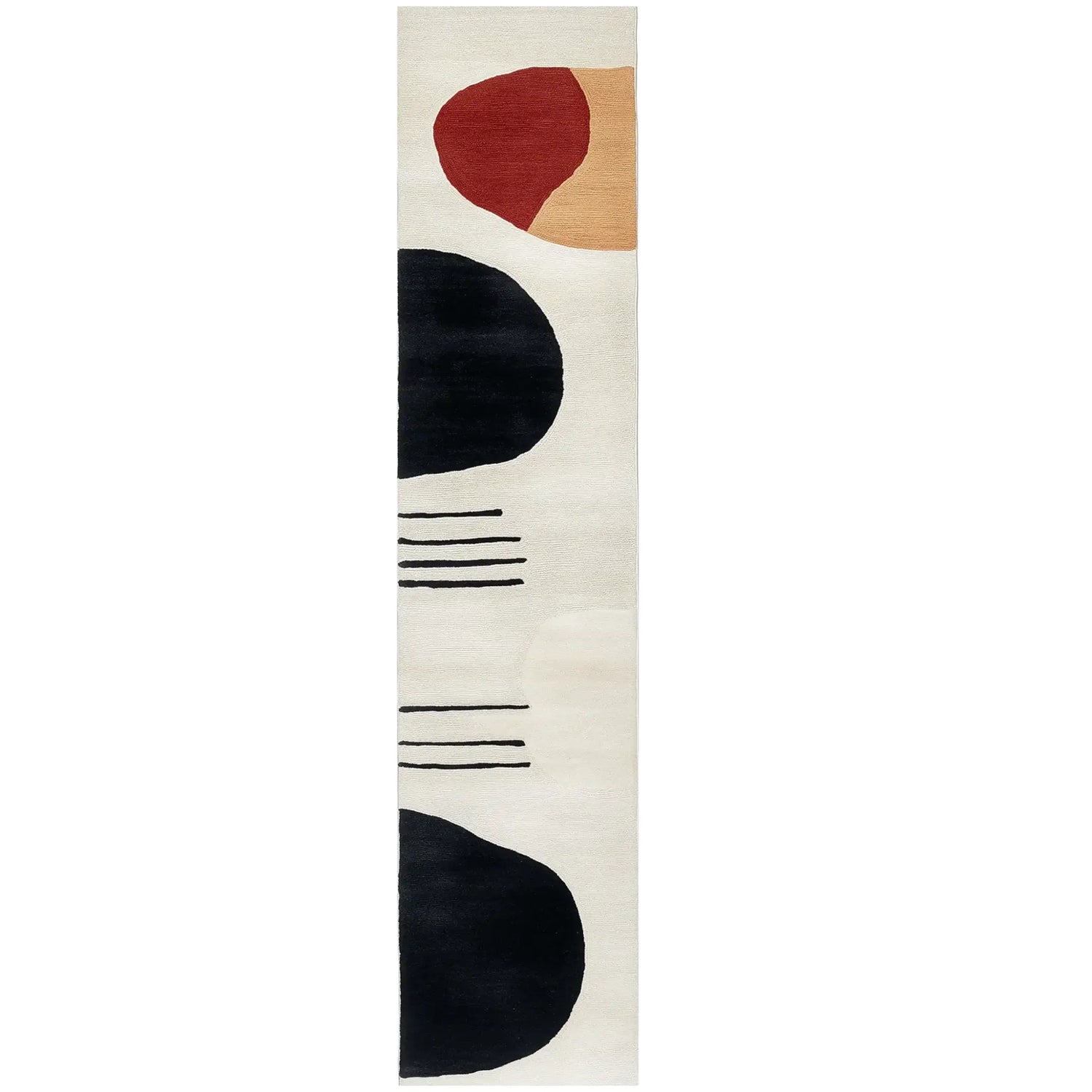 Stylish contemporary runner rug with abstract design featuring bold black and red shapes on a cream background, ideal for kitchens or hallways. This hand-tufted wool rug adds a modern touch to any space, making it a perfect choice for kitchen runner rugs or bathroom runner rugs.