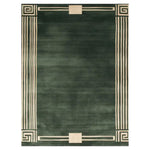 Top view of the Labyrinthine Majesty Hand Tufted Wool Rug, a contemporary area rug featuring an elegant green base with a geometric border pattern. This wool rug is perfect for adding a touch of sophistication to living room area rugs and enhancing any modern decor.
