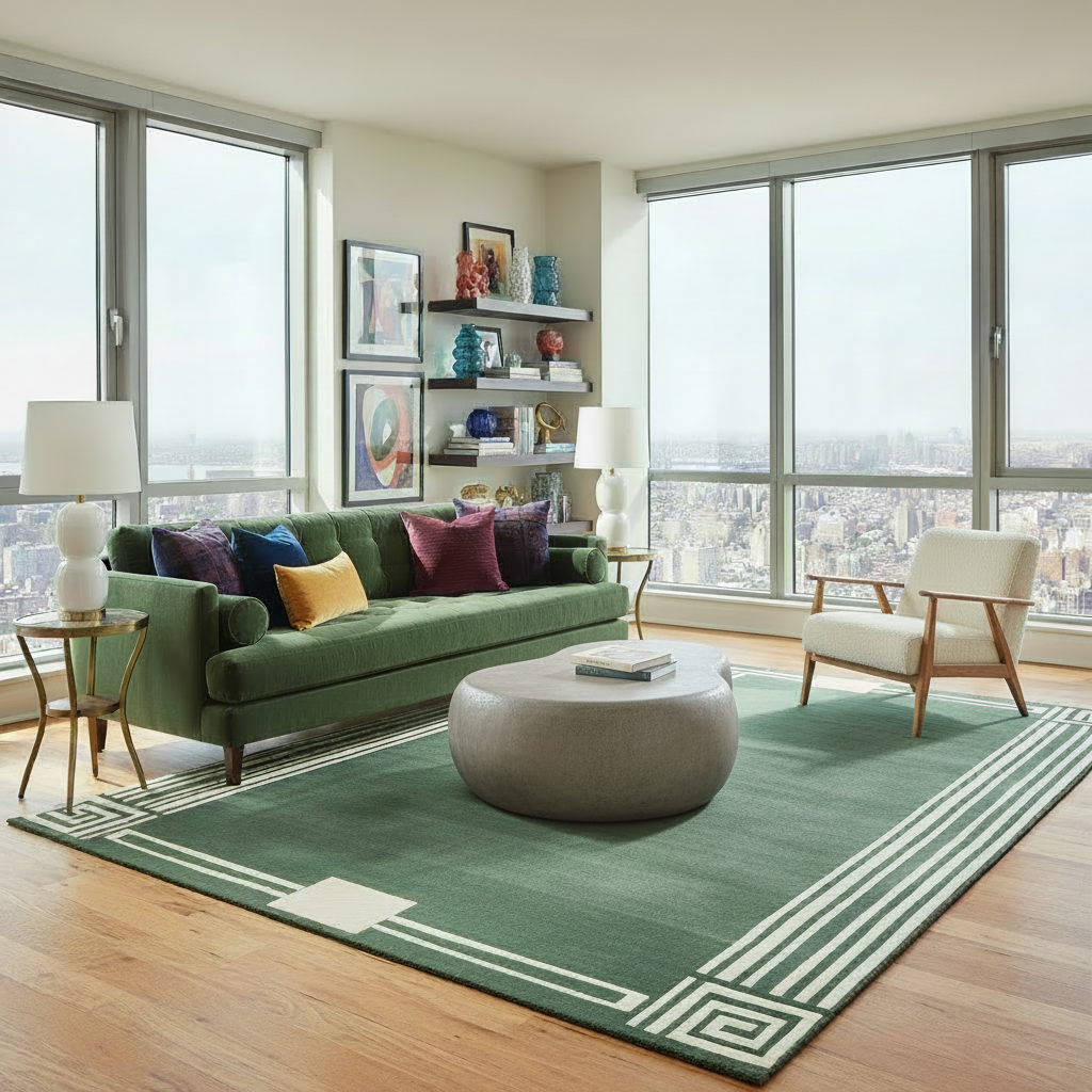 Modern living room with green sofa, a sleek green tufted rug, and large windows.
