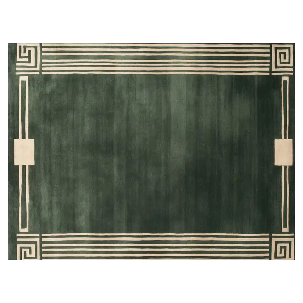 Top view of the Labyrinthine Majesty Hand Tufted Wool Rug, a contemporary area rug with a rich green color and intricate geometric border design, perfect for enhancing living room aesthetics. This wool rug offers a modern touch to area rugs for living room spaces.