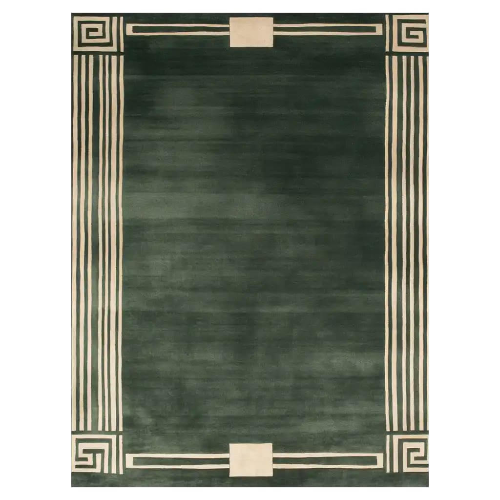 Top view of the Labyrinthine Majesty Hand Tufted Wool Rug, a contemporary area rug featuring an elegant green base with a geometric border pattern. This wool rug is perfect for adding a touch of sophistication to living room area rugs and enhancing any modern decor.