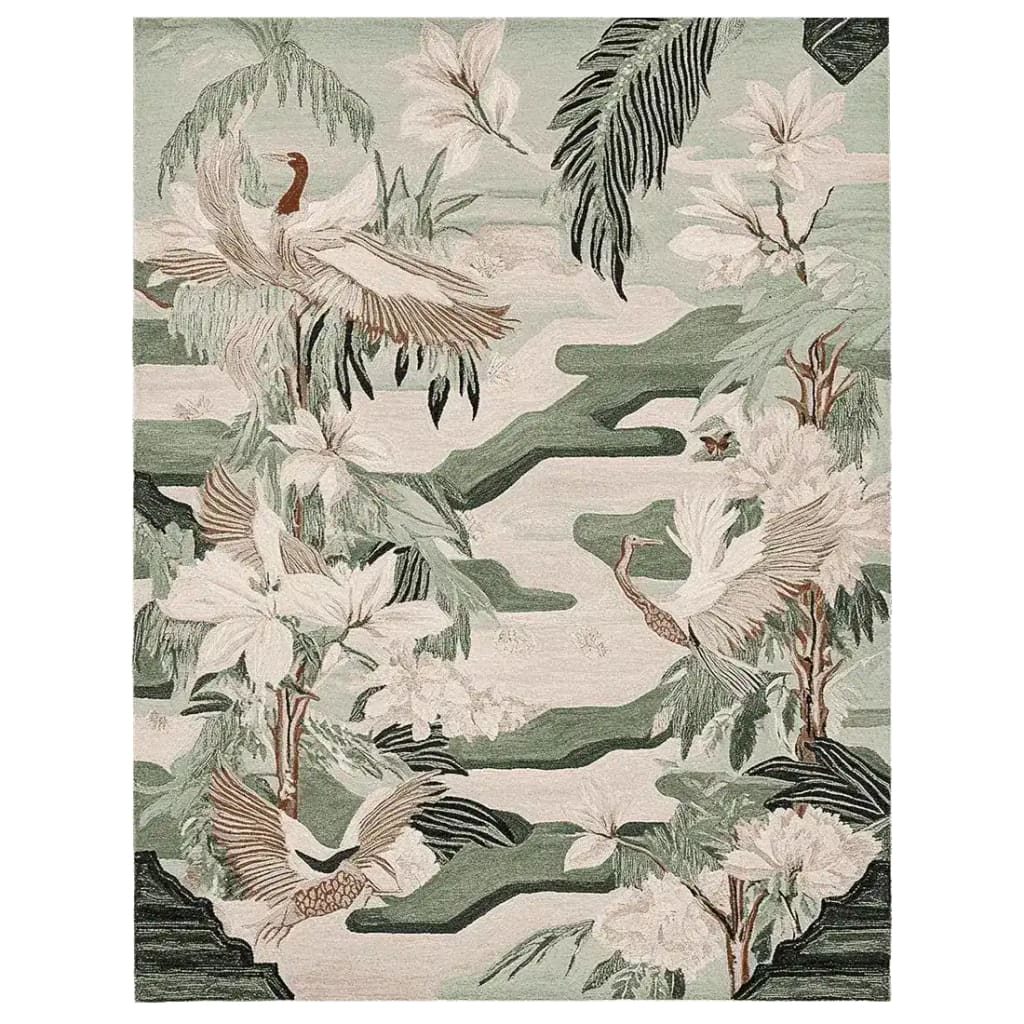An elegant hand-tufted area rug featuring a serene nature-inspired design with birds and lush foliage, perfect for enhancing your living room. This wool rug, measuring 8x10, brings a touch of sophistication and tranquility to your space, ideal for those seeking stylish living room area rugs.