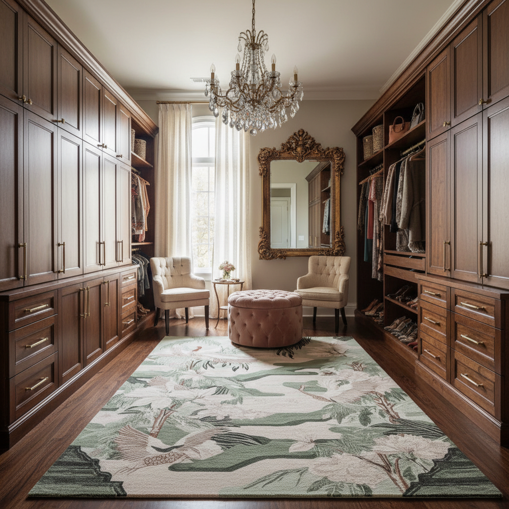 Luxurious room with wooden cabinets, a chandelier, and a floral rug.
