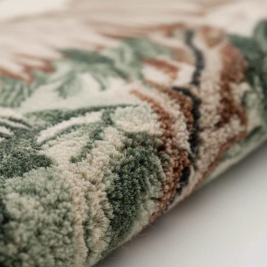 Close-up of a textured rug with green and brown patterns on a white background