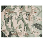 Top view of a Land of Gentle Flight Hand Tufted Area Rug featuring a serene abstract design with floral and bird motifs in soothing green and ivory tones. Ideal for adding elegance to living room area rugs, this wool rug is perfect in an 8x10 layout.