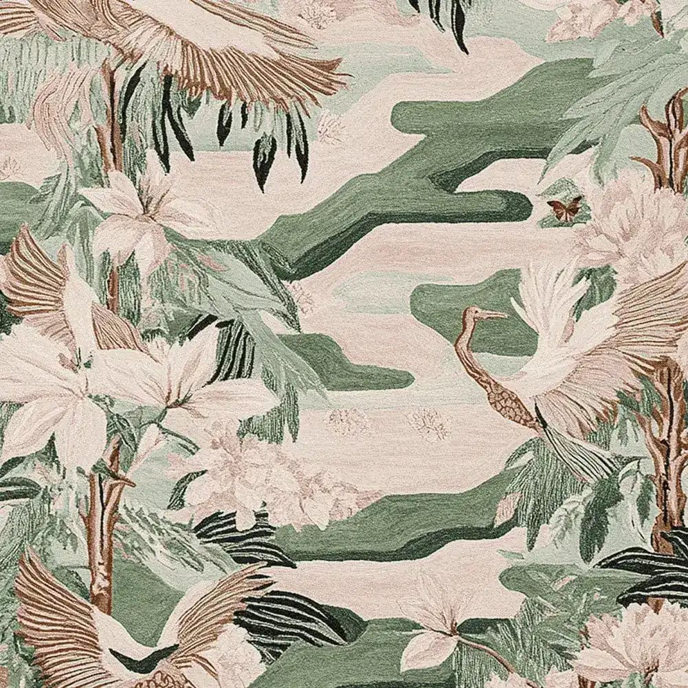 This beautifully crafted area rug features an intricate design with serene natural elements, perfect for living room spaces. The hand-tufted wool rug displays a harmonious blend of soft greens and browns, evoking a gentle flight theme. Ideal for those seeking a subtle yet artistic touch in living room area rugs, especially in the popular 8x10 size.