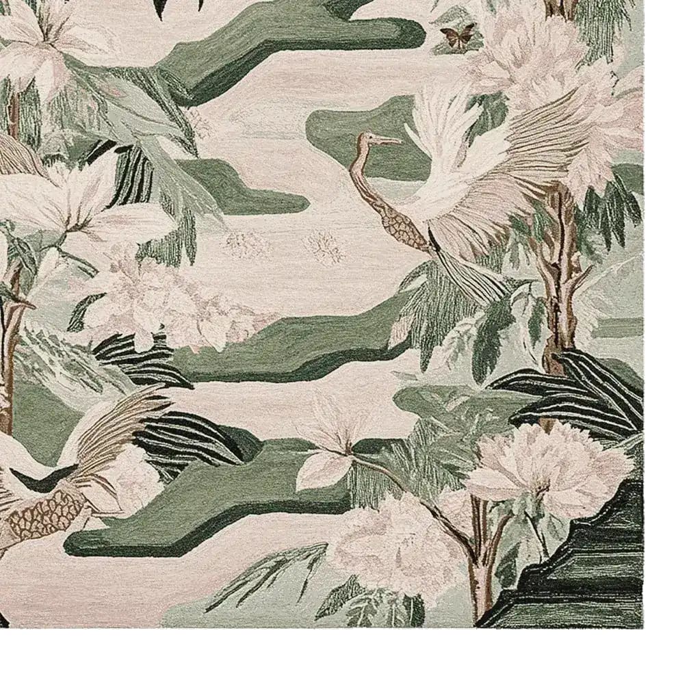 A beautifully designed area rug featuring a serene nature scene with birds and lush foliage. This wool rug is perfect for adding elegance to living room spaces, especially in an 8x10 size. Ideal for those seeking stylish living room area rugs.