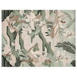 Top view of a Land of Gentle Flight Hand Tufted Area Rug featuring a serene abstract design with floral and bird motifs in soothing green and ivory tones. Ideal for adding elegance to living room area rugs, this wool rug is perfect in an 8x10 layout.
