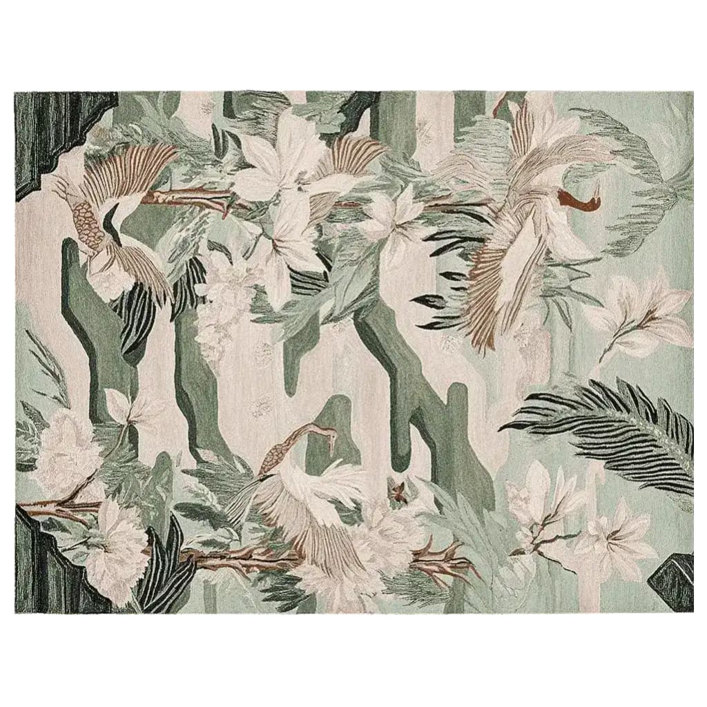 Top view of a Land of Gentle Flight Hand Tufted Area Rug featuring a serene abstract design with floral and bird motifs in soothing green and ivory tones. Ideal for adding elegance to living room area rugs, this wool rug is perfect in an 8x10 layout.