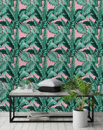 Large Green Tropical Monstera on Pink Wallpaper