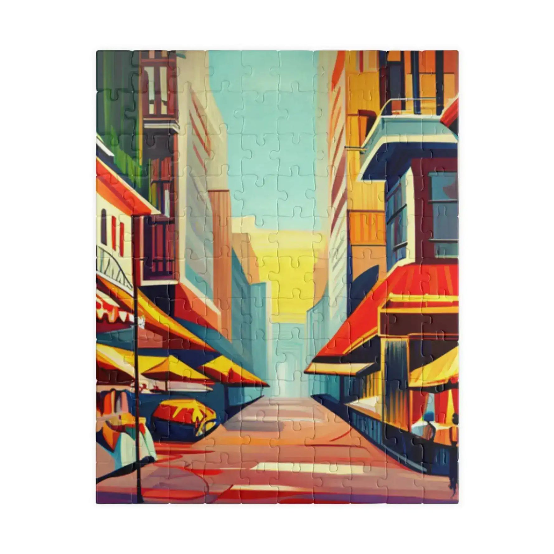 Large-piece vertical Urban Vibes puzzle, painterly downtown street glowing gold at the center