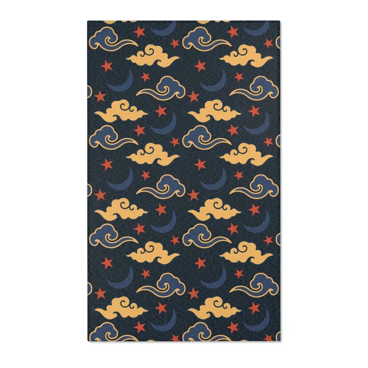 Larger navy night-sky rug with dense gold clouds, crescent moons and red stars