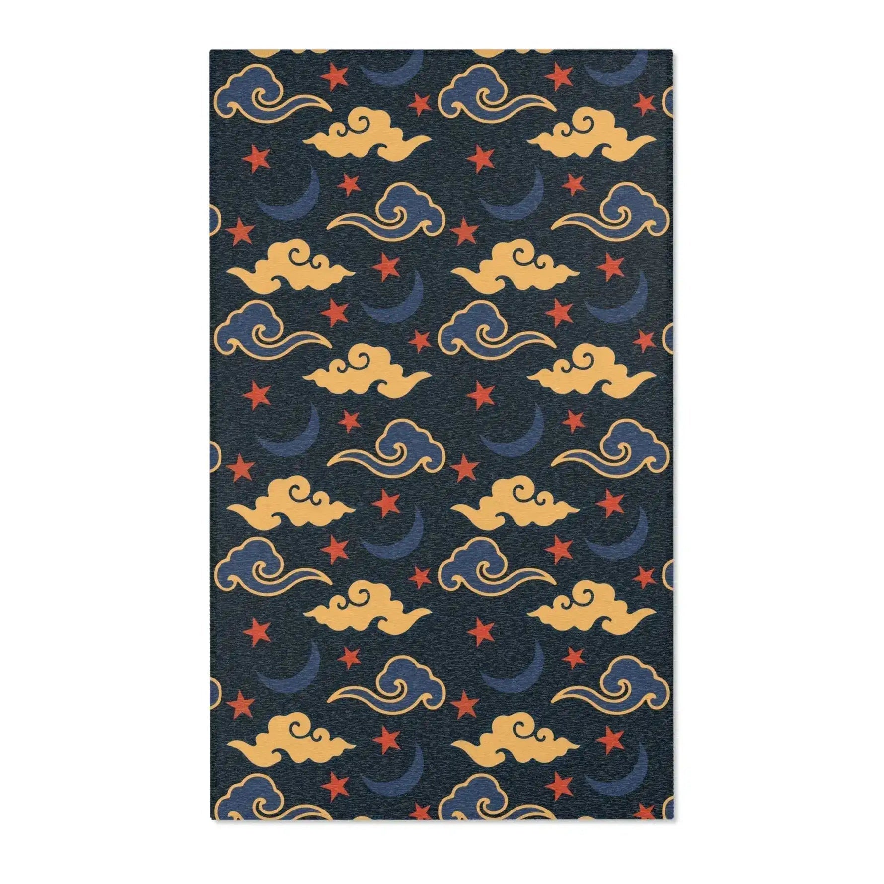 Larger navy night-sky rug with dense gold clouds, crescent moons and red stars