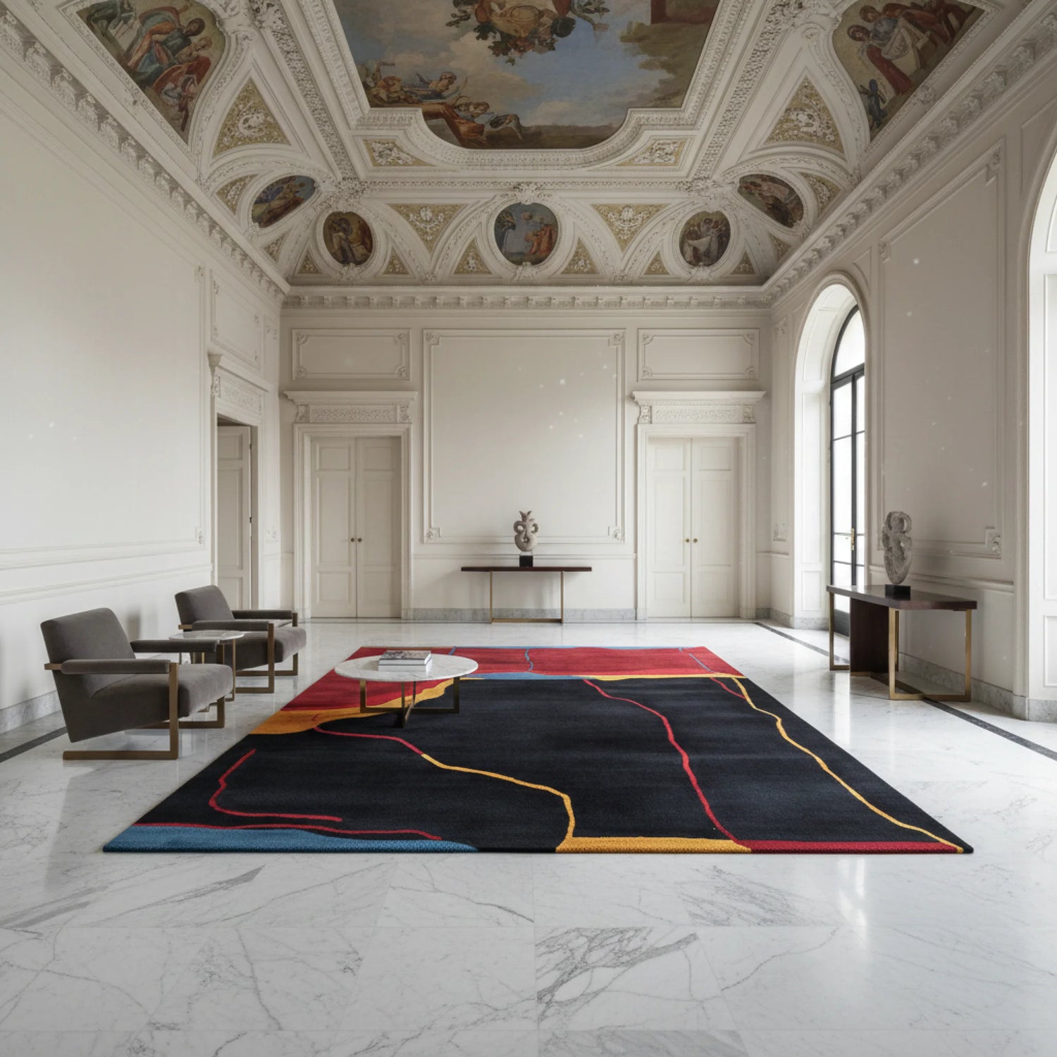 Elegant room with a colorful abstract rug on marble flooring, classical ceiling art, and minimal furniture.
