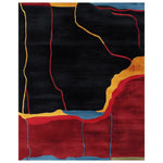 A striking hand-tufted area rug featuring an abstract design with bold lines in red, yellow, and blue against a black background. Perfect for adding a contemporary touch to large living rooms, this wool rug combines vibrant colors with a modern aesthetic.