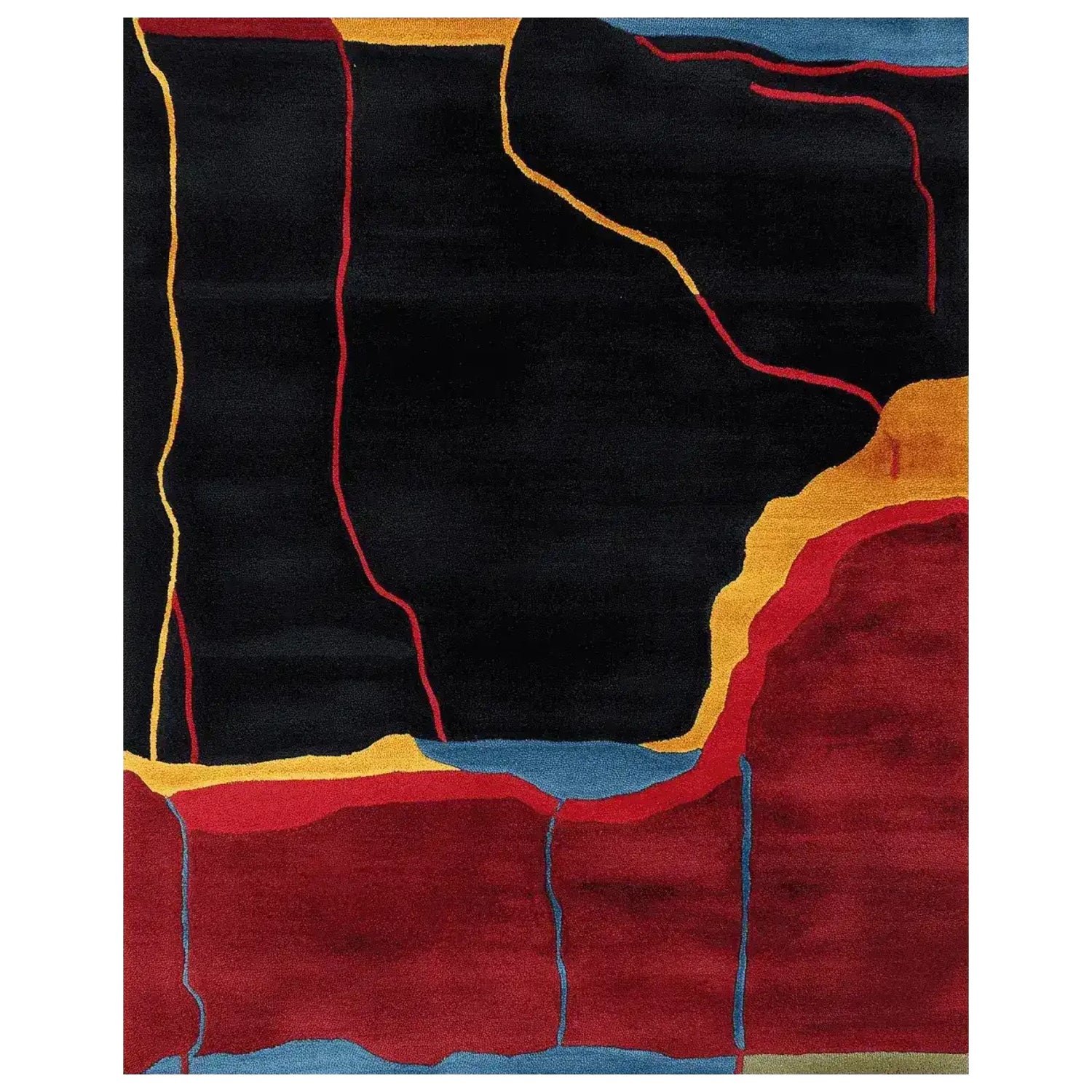 A striking hand-tufted area rug featuring an abstract design with bold lines in red, yellow, and blue against a black background. Perfect for adding a contemporary touch to large living rooms, this wool rug combines vibrant colors with a modern aesthetic.