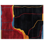 This contemporary wool area rug, perfect for large living rooms, features an abstract design resembling lava veins. The rug's rich red, deep black, and vibrant yellow colors create a striking visual pattern, making it an ideal choice for those seeking unique living room area rugs.