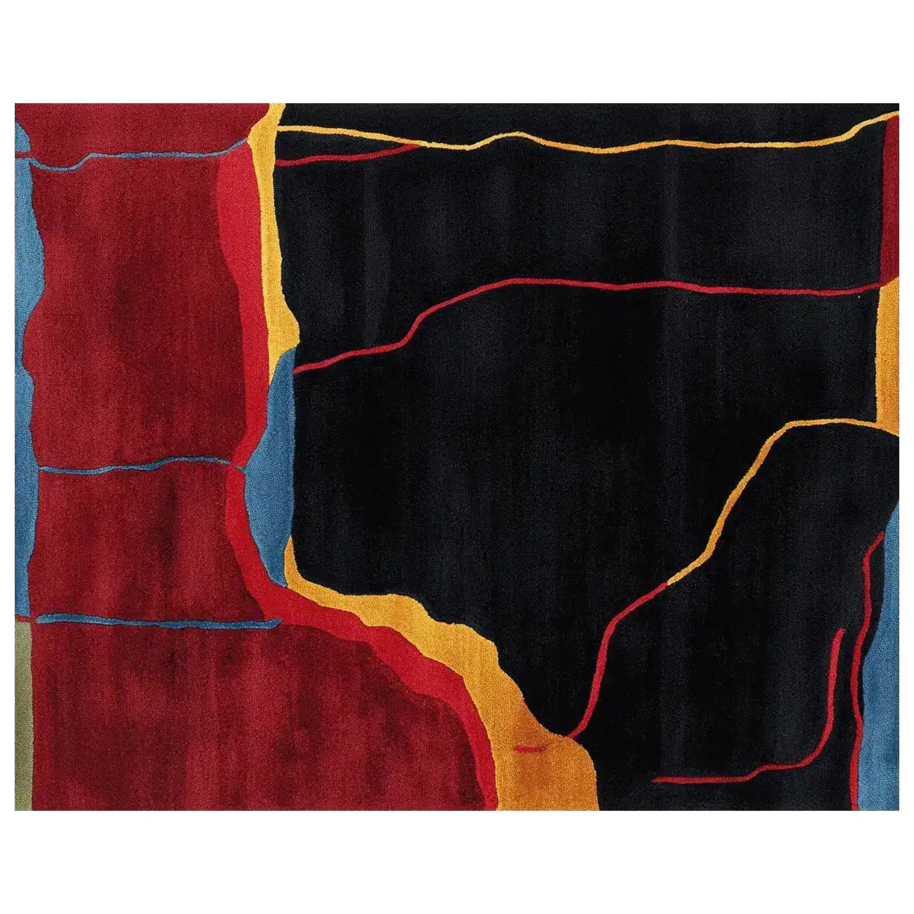 This contemporary wool area rug, perfect for large living rooms, features an abstract design resembling lava veins. The rug's rich red, deep black, and vibrant yellow colors create a striking visual pattern, making it an ideal choice for those seeking unique living room area rugs.