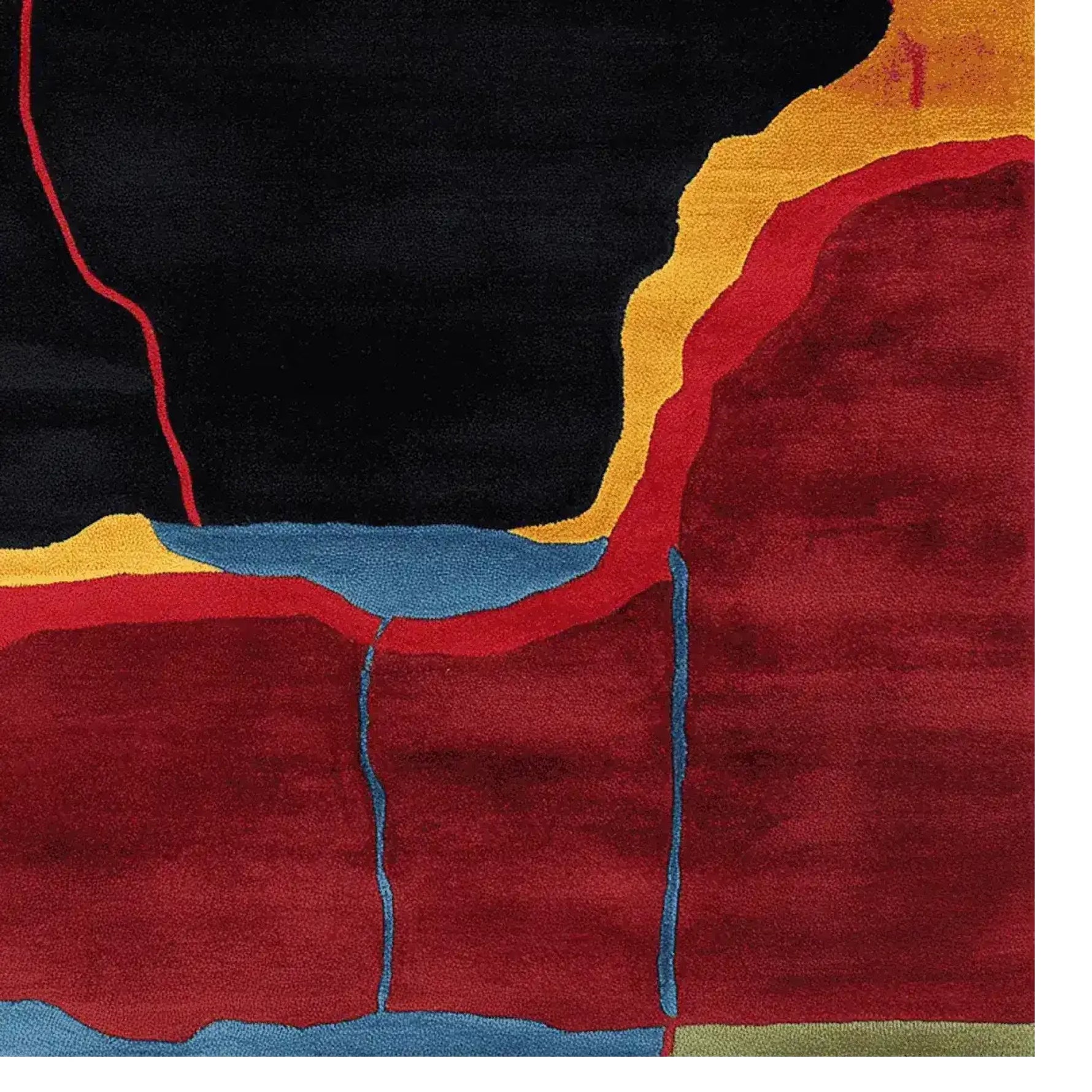 A contemporary wool area rug featuring an abstract design with vibrant red, black, yellow, and blue colors, perfect for large living rooms. This hand-tufted rug, named 'Lava Vein Map', adds a modern touch to any space, embodying the essence of living room area rugs.
