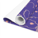 Lavender Dreams Yoga Mat partly unrolled showing purple surface with pink spots and looping lines