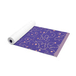 Rolled Lavender Dreams Yoga Mat in purple with pink dots and grey squiggle lines, white underside