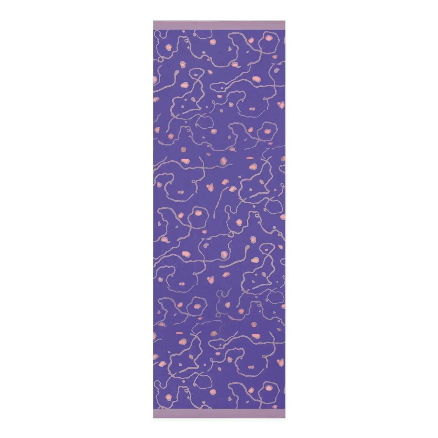 Full-length Lavender Dreams mat, purple ground with pink dots and looping cream squiggle lines