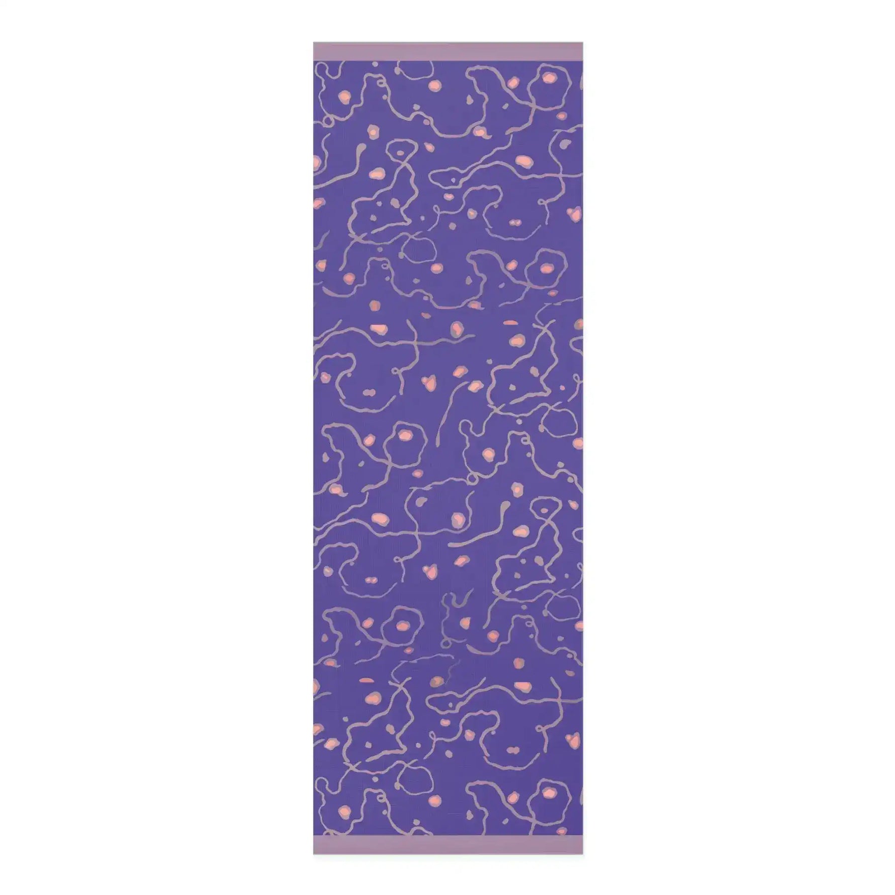 Full-length Lavender Dreams mat, purple ground with pink dots and looping cream squiggle lines