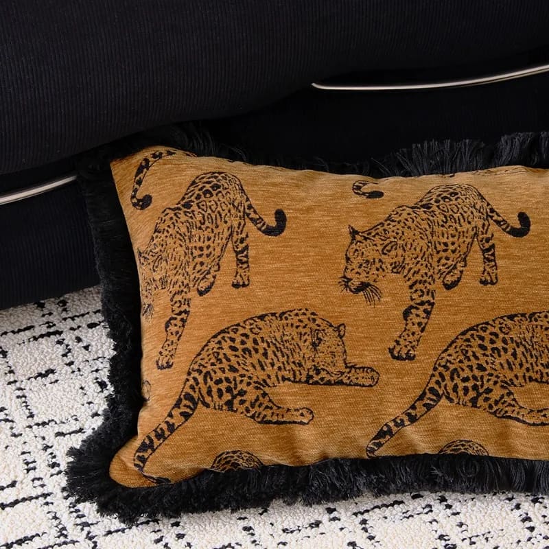 Lavish leopard lounge throw pillow cover featuring a stylish leopard print design on a warm background, perfect for adding a touch of elegance to any living space.
