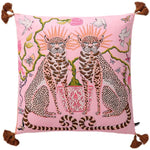 Lavish twin leopard throw pillow cover featuring intricate designs of two leopards with ornate details and colorful accents on a pink background, perfect for adding a touch of exotic elegance to any decor.