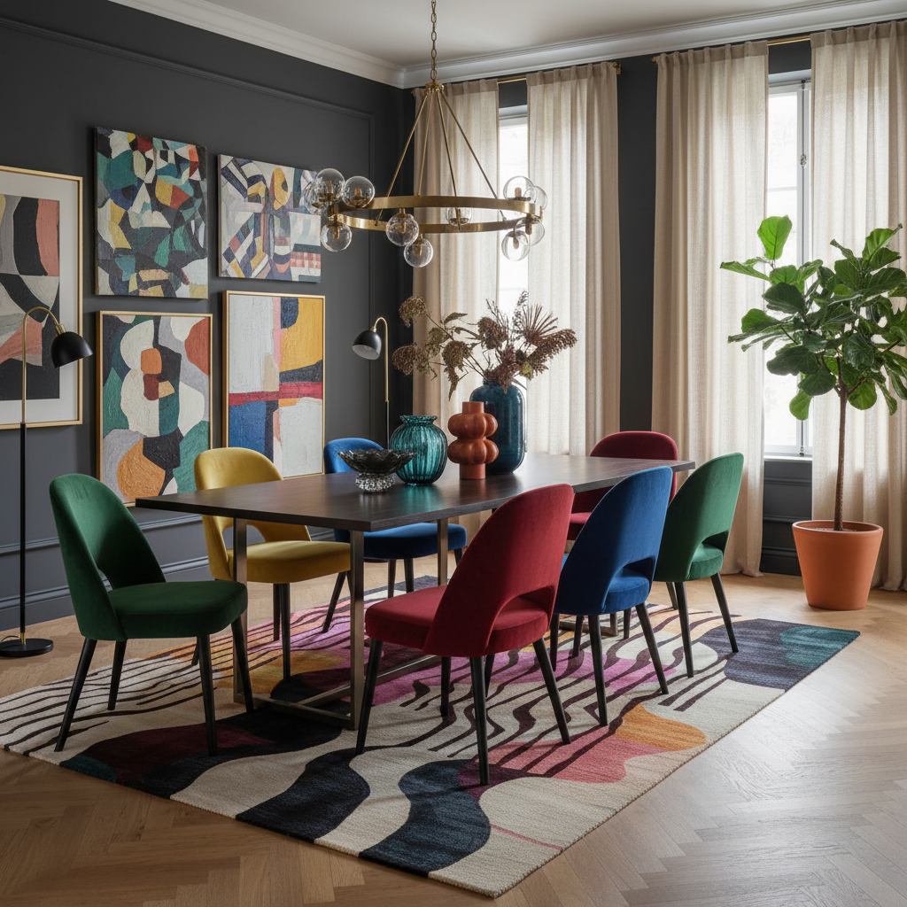 Dining room with colorful chairs and abstract art on the wall